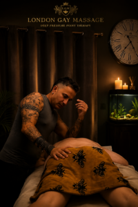Masseur gives a deep pressure massage to a client on a massage table in a dim, candlelit spa room.