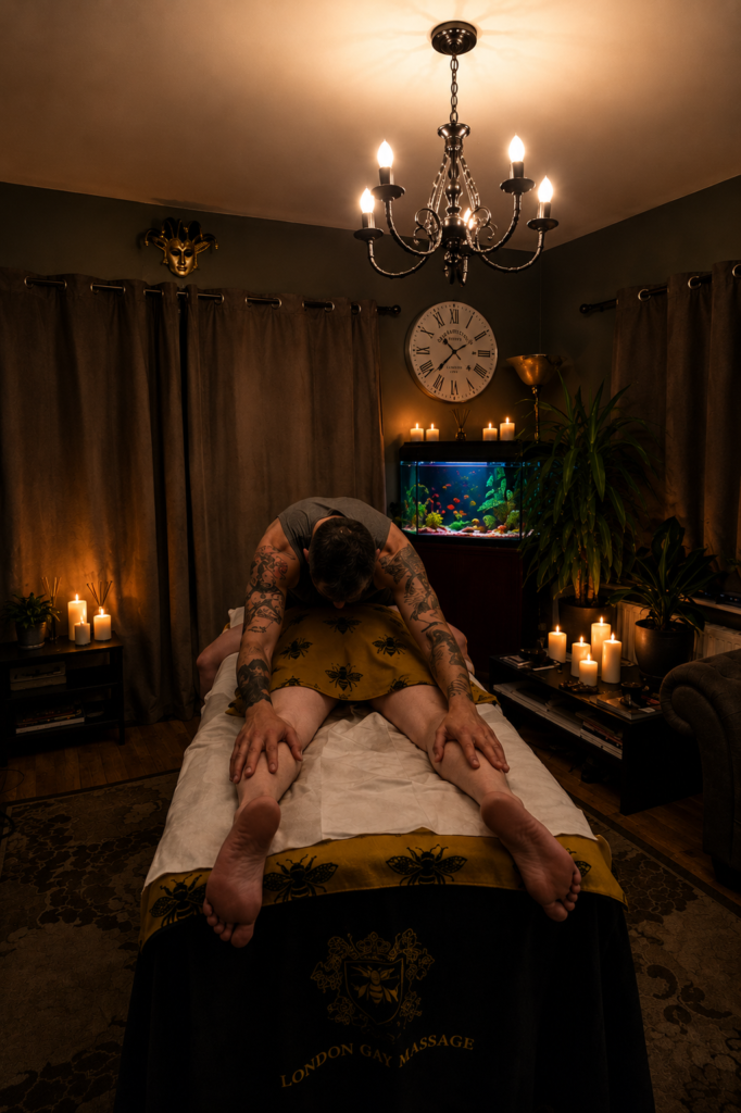 Tattooed masseur leaning over a client on a massage table in a candlelit, dim room with a fish tank in the background.