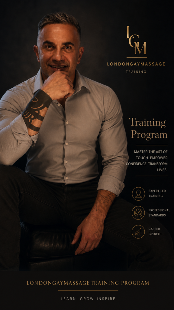 Promotional poster featuring a man with a tattooed forearm seated, beside the text ‘London Gay Massage Training Program’ and ‘Training Program.’